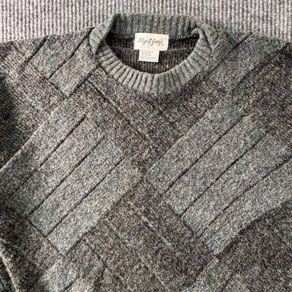 VTG Allyn‎ St. George Wool Blend Sweater Mens L Gray Geometric Grandpa Core 90s